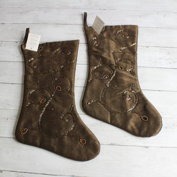 Christmas Brown Satin Stockings Beaded Jewels 17" Lot of 2 - Picture 2 of 5